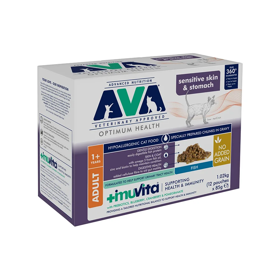 Authentic AVA Optimum Health Sensitive Wet Adult Cat Food Fish 12x85g Effective