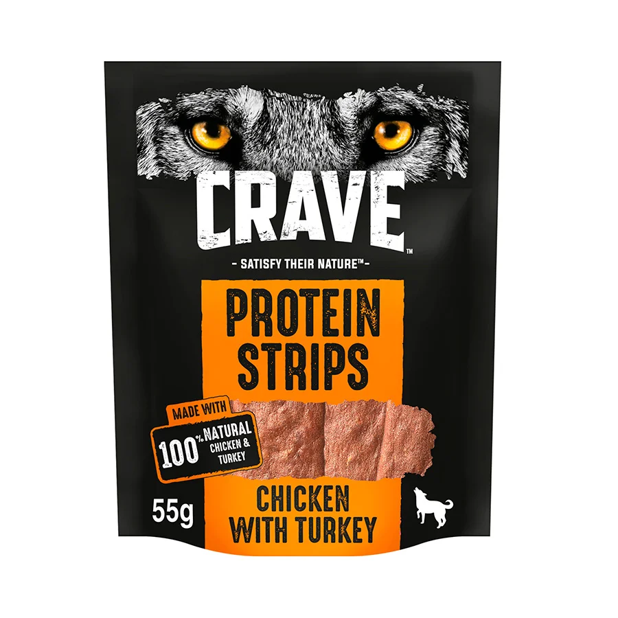 Lightweight Crave Grain Protein Strip Adult Dog Treat Turkey Chicken 55g Exclusive