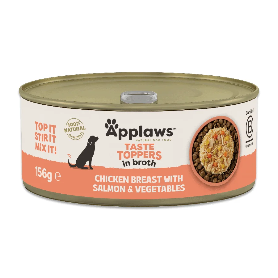 Casual Applaws Taste Toppers Wet Dog Food Chicken， Salmon Veg Broth 156g Durable