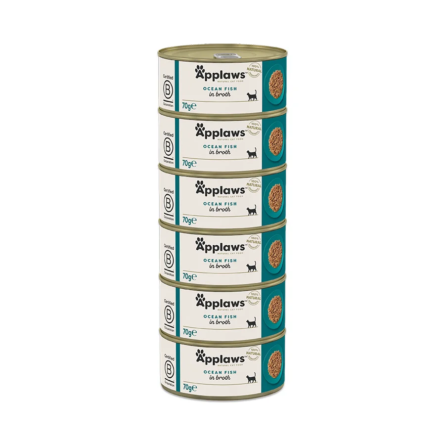 Enhanced Applaws Natural Wet Adult Cat Food Ocean Fish in Broth 6x70g Tins Practical