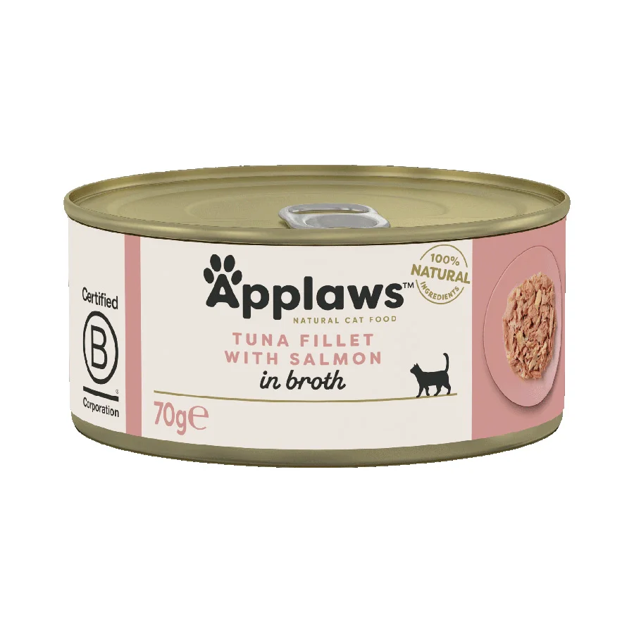 Organic Applaws Natural Wet Cat Food Tuna Fillet with Salmon in Broth 70g Tin Next-Generation