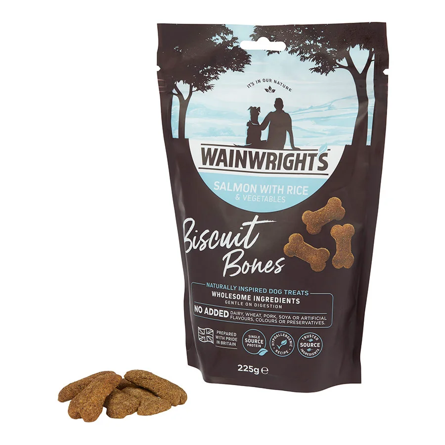 Certified Wainwright x27 s Biscuit Bones Dog Treats Salmon with Rice 225g Premium
