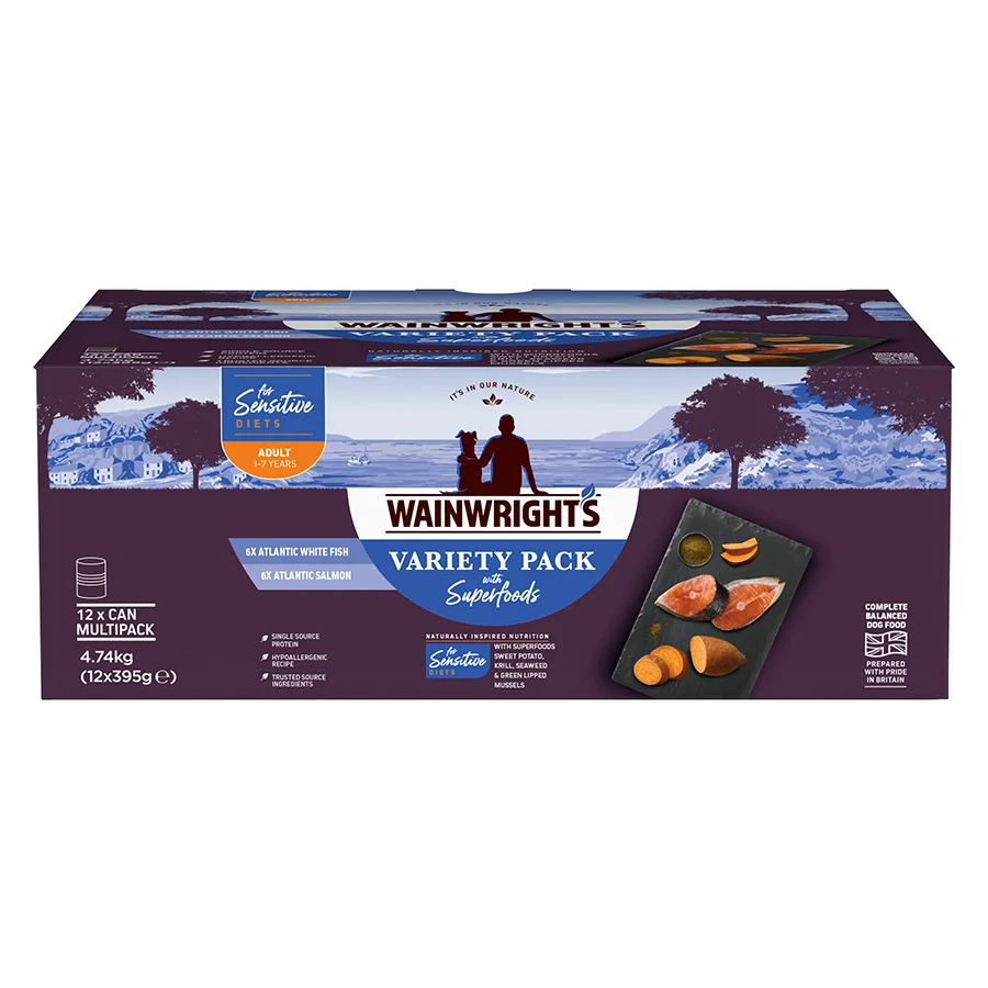 Solid Wainwright x27 s Sensitive Adult Wet Dog Food White Fish Salmon 12x395g Contemporary