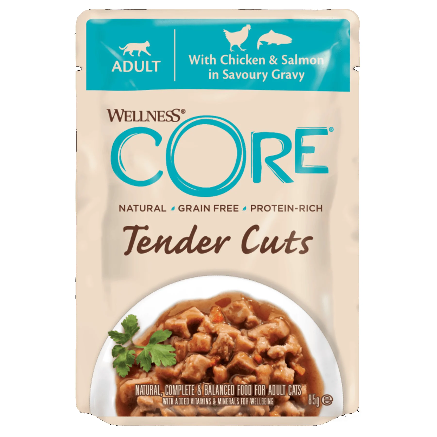 Lightweight Wellness Core Tender Cuts Adult Wet Cat Food Chicken and Salmon 85g Innovative