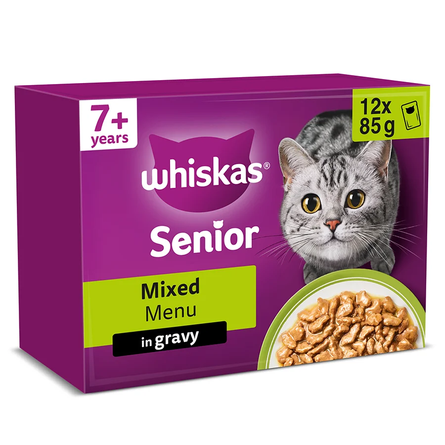 Luxury Whiskas 7 Senior Wet Cat Food Mixed Menu In Gravy 12x85g Elite