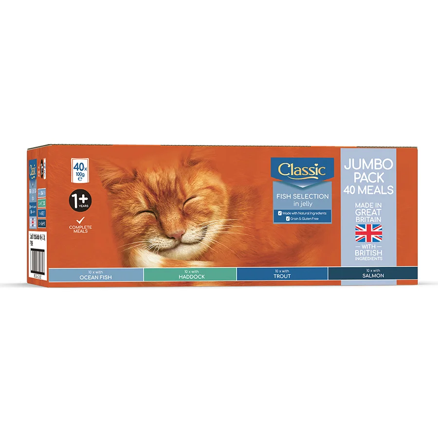 Effective Classic Adult Wet Cat Food Fish Selection In Jelly 40x100g Breathable