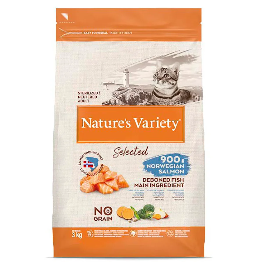 Solid Natures Variety Sterilised Dry Adult Cat Food Norwegian Salmon 3kg Reusable