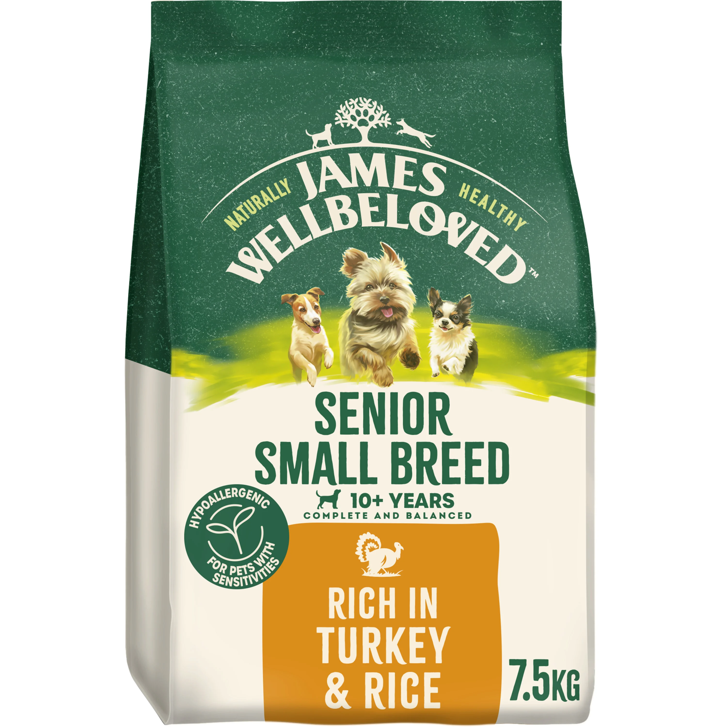 Soft James Wellbeloved Small Breed Senior Dry Dog Food Turkey Rice 7.5kg Functional